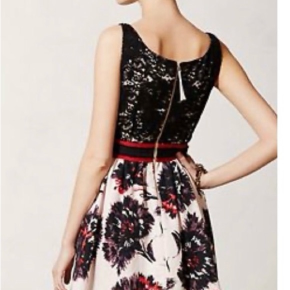 Anthropologie Dresses & Skirts - Black Lace Bodice Floral Skirt Dress with Red Waistband